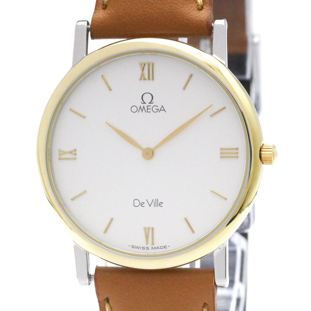 OMEGA De Ville Gold Plated Steel Leather Quartz Mens Watch 195.2378 Polished